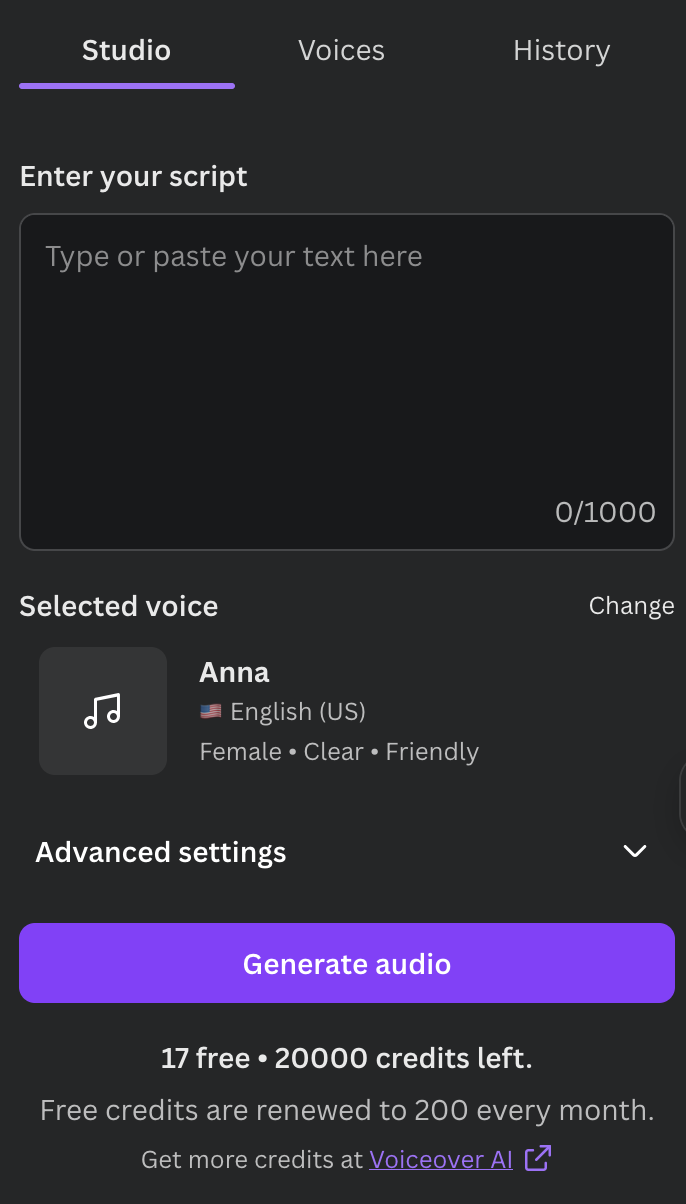 Voiceover AI studio showing the script field, voice selection, advanced settings, and Generate audio button